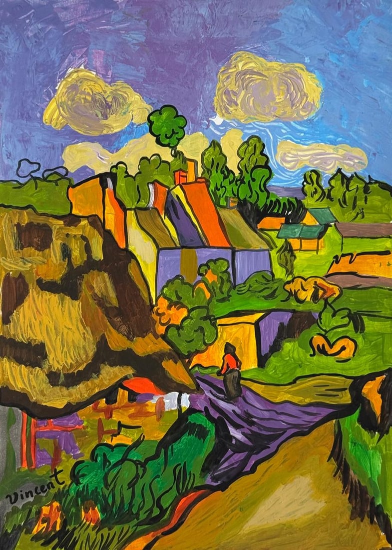 Vincent Van Gogh Dutch (Mixed Media on Paper Painting) In the style of (1 of 4)