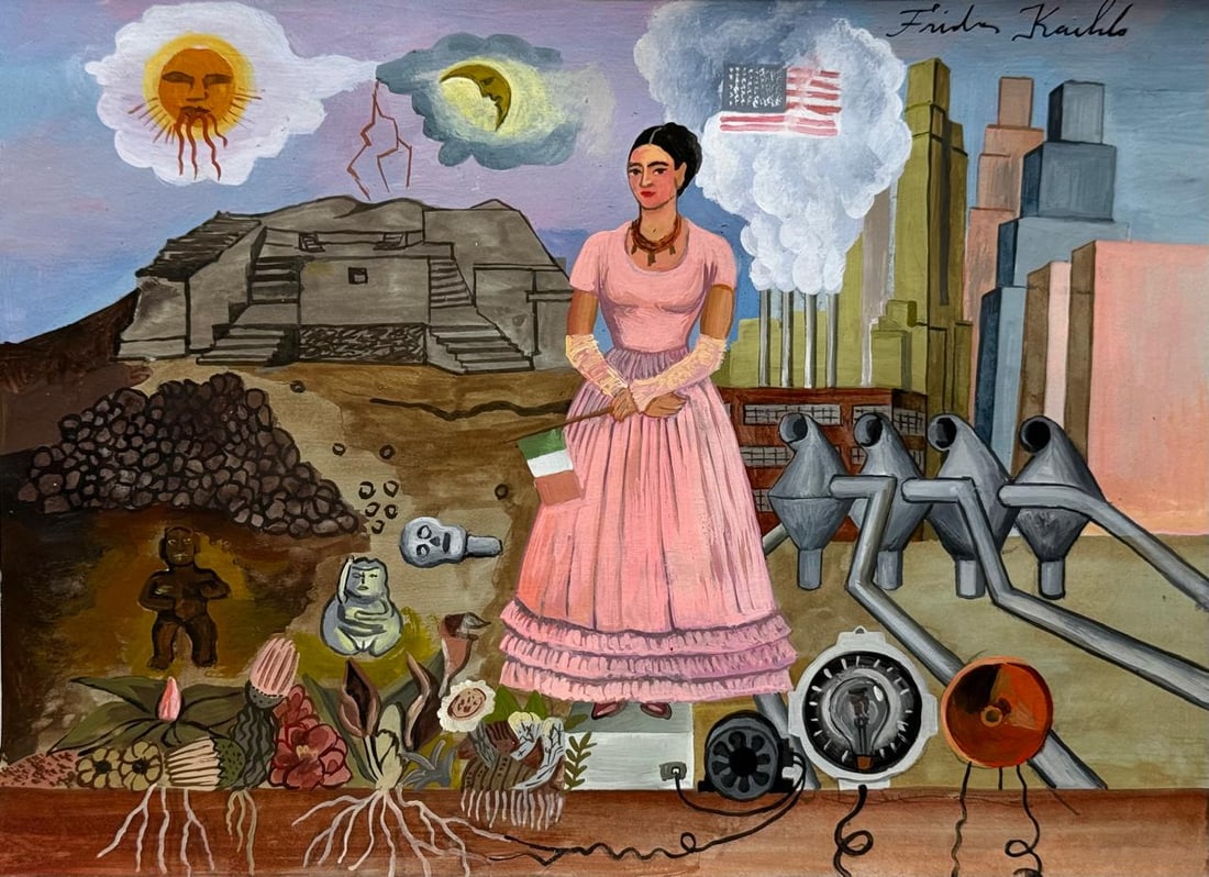 Frida Kahlo Mexican (Mixed media on Paper Painting) In the style of (1 of 4)