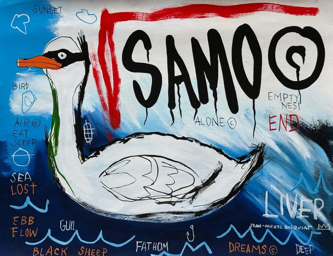 Jean-Michel Basquiat (Mixed media on Paper Painting) In the style of: Mixed media painting on paper, rendered in the style of Jean-Michel Basquiat. Measures: 9.5” x 12.5” Inches aprox. Provenance: Private Collection N.Y."In the style of" means after the arti