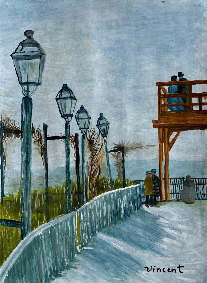 Vincent Van Gogh Dutch (Mixed Media on Paper Painting) In the style of: Mixed media painting on paper, rendered in the style of Vincent Van Gogh. Measures: 7.5” x 10.5” Inches aprox. Provenance: Private Collection."In the style of" means after the artist. Van