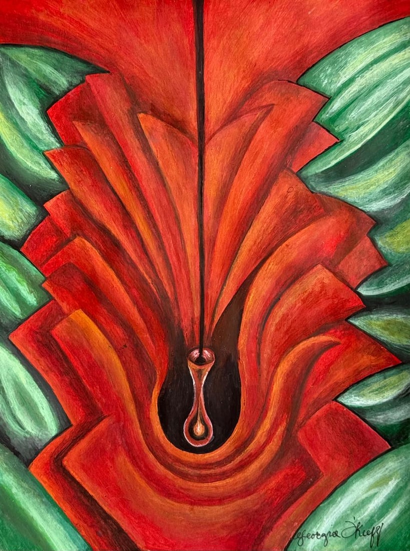 Georgia O'Keeffe (Mixed Media On Paper Painting) In the style of: Mixed media painting on paper, rendered in the style of Georgia O'Keeffe. Measures: 8” x 10.5” Inches aprox. Provenance: Private Collection. "In the style of" means after the artist. O'Kee
