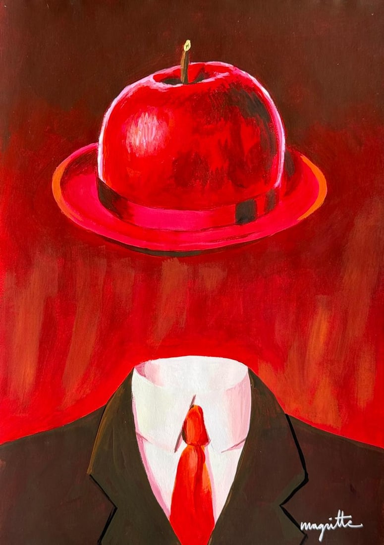 Rene Magritte (Mixed Media On Paper Painting) In the style of: Mixed media painting on paper, rendered in the style of Rene Magritte. Measures: 8.5” x 11.5” Inches aprox. Provenance: Private Collection. "In the style of" means after the artist. Magrit