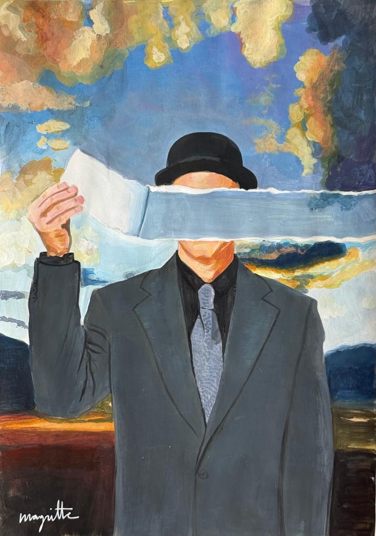 Rene Magritte (Mixed Media On Paper Painting) In the style of: Mixed media painting on paper, rendered in the style of Rene Magritte. Measures: 8.5” x 12” Inches aprox. Provenance: Private Collection. "In the style of" means after the artist. Magritte
