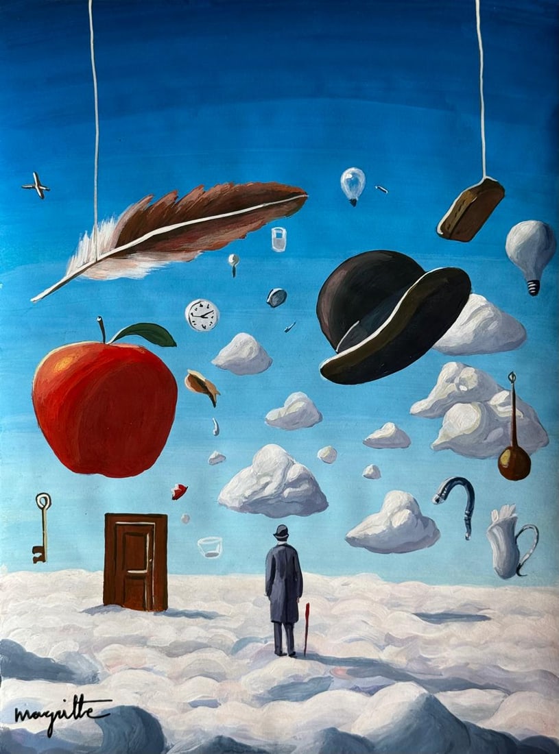 Rene Magritte (Mixed Media On Paper Painting) In the style of: Mixed media painting on paper, rendered in the style of Rene Magritte. Measures: 8” x 10.5” Inches aprox. Provenance: Private Collection. "In the style of" means after the artist. Magritte