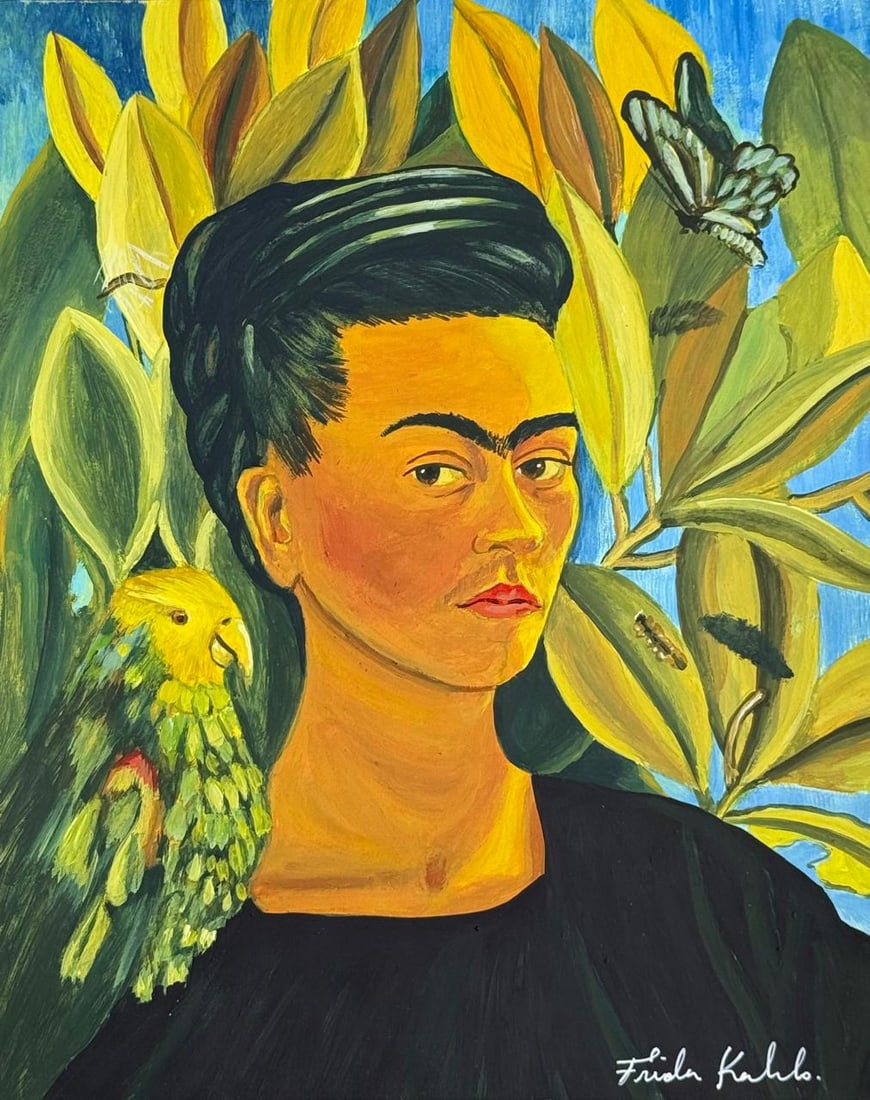 Frida Kahlo Mexican (Mixed media on Paper Painting) In the style of: Mixed media painting on paper, rendered in the style of Frida Kahlo. Measures: 8.5” x 10.5” Inches aprox. Provenance: Private Collection. "In the style of" means after the artist. Kahlo li