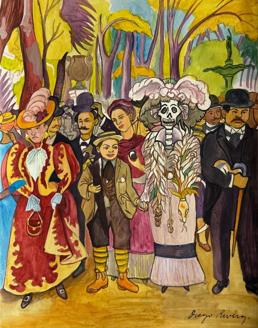 Diego Rivera Mexican (Mixed media on Paper Painting) In the style of: Mixed media painting on paper, rendered in the style of Diego Rivera. Measures: 8.5” x 11” Inches aprox. Provenance: Private Collection."In the style of" means after the artist. Rivera liv