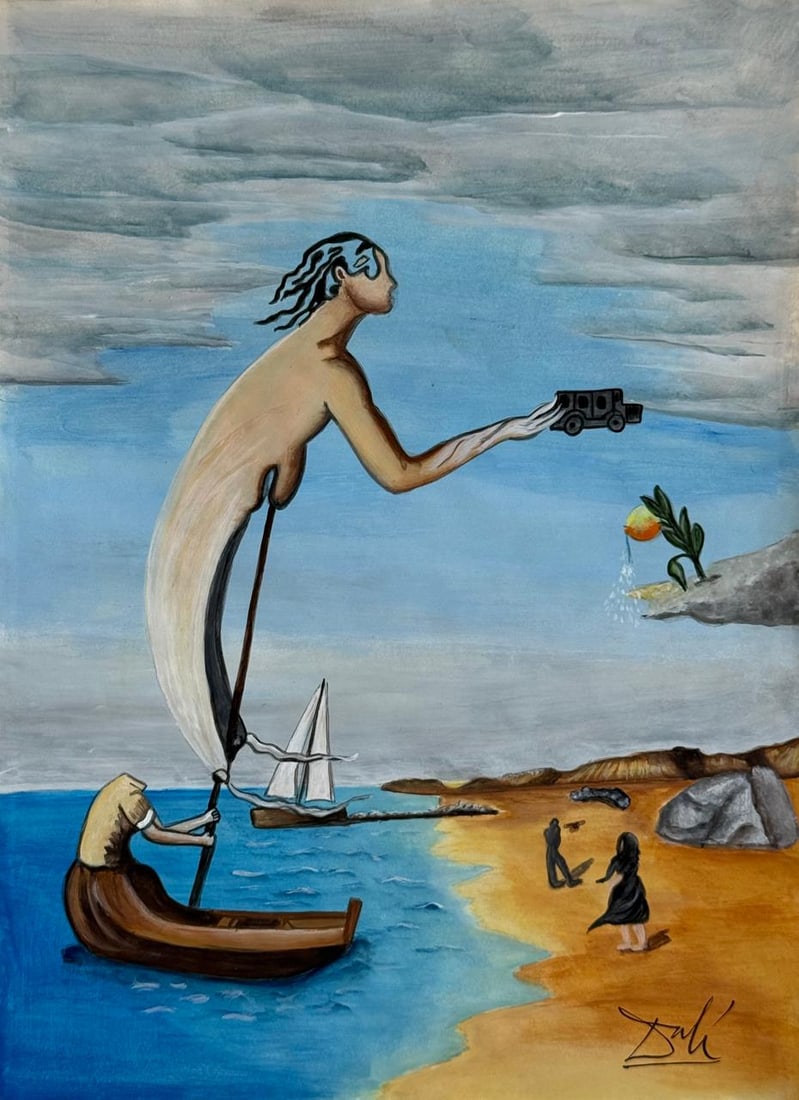 Salvador Dali Spanish (Mixed Media On Paper Painting) In the style of: Mixed media painting on paper,Rendered in the style of Salvador Dali. Measures: 8” x 11” Inches aprox. Provenance: Private Collection."In the style of" means after the artist. Dali lived b