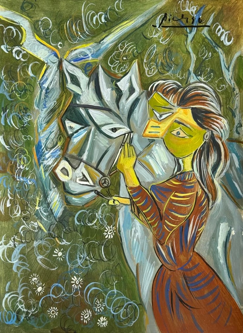 Pablo Picasso Spanish (Mixed media on Paper Painting) In the style of: Mixed media painting on paper, rendered in the style of Pablo Picasso. Measures: 7.5” x 10.5” Inches aprox. Provenance: Private Collection."In the style of" means after the artist. Picasso