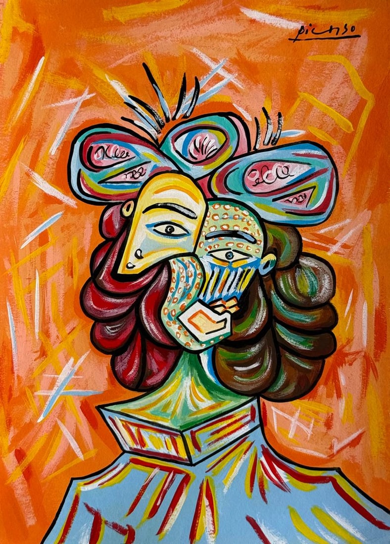 Pablo Picasso Spanish (Mixed media on Paper Painting) In the style of: Mixed media painting on paper, rendered in the style of Pablo Picasso. Measures: 8.5” x 11.5” Inches aprox. Provenance: Private Collection."In the style of" means after the artist. Picasso