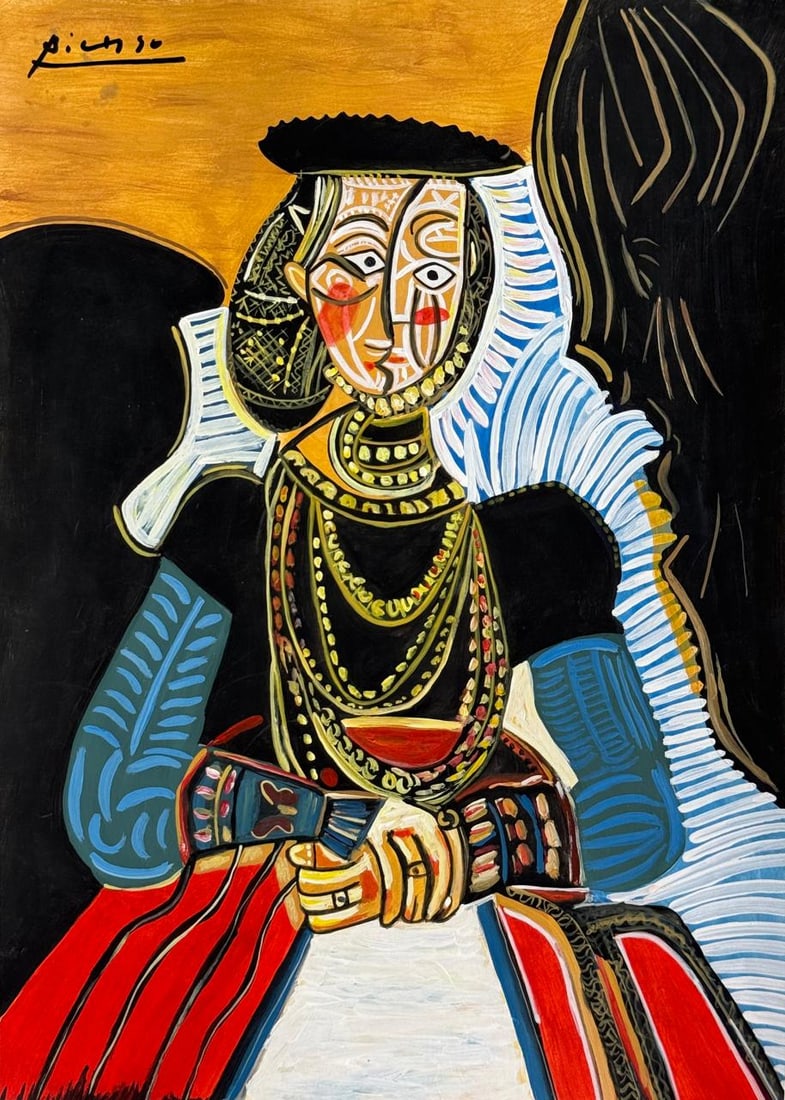 Pablo Picasso Spanish (Mixed media on Paper Painting) In the style of: Mixed media painting on paper, rendered in the style of Pablo Picasso. Measures: 8.5” x 12” Inches aprox. Provenance: Private Collection."In the style of" means after the artist. Picasso l