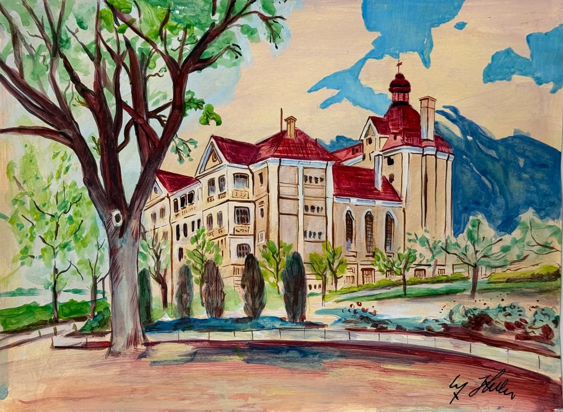 Adolf Hitler (Mixed media on Paper Painting) In the style of: Mixed media painting on paper, rendered in the style of Adolf Hitler. Measures: 8” x 11” Inches aprox. Provenance: Private Collection."In the style of" means after the artist. Hitler lived