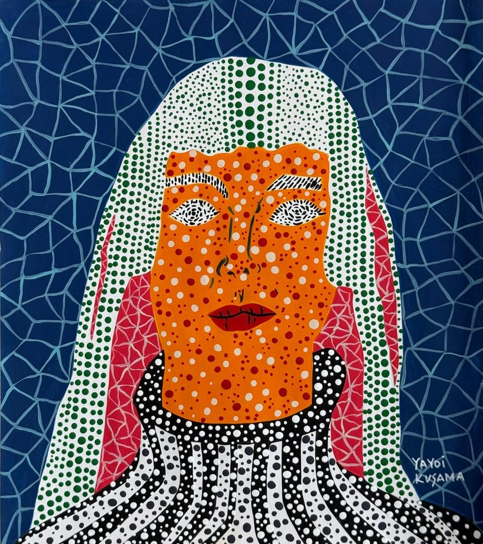 Yayoi Kusama (Mixed media on Paper Painting) In the style of: Mixed media painting on paper, rendered in the style of Yayoi Kusama. Measures: 9” x 10” Inches aprox. Provenance: Private Collection."In the style of" means after the artist. Kusama born