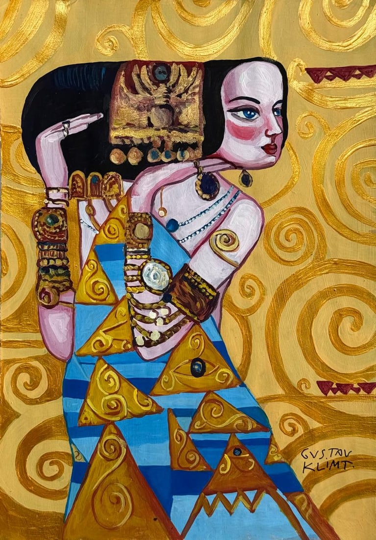 Gustav Klimt Austrian (Mixed media on Paper Painting) In the style of: Mixed media painting on paper, rendered in the style of Gustav Klimt. Measures: 8.5” x 12” Inches aprox. Provenance: Private Collection."In the style of" means after the artist. Klimt live