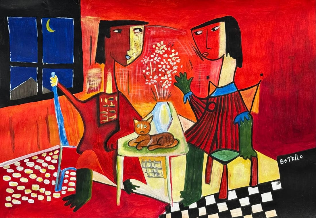 Angel Botello (Mixed media on Paper Painting) In the style of: Mixed media painting on paper, rendered in the style of Angel Botello. Measures: 8.5” x 11.5” Inches aprox. Provenance: Private Collection."In the style of" means after the artist. Botello