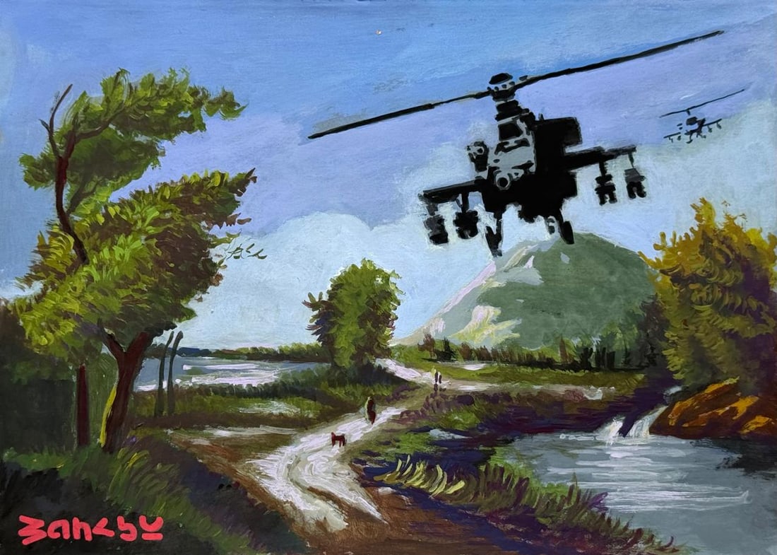 Banksy (Mixed media on Paper Painting) In the style of: Mixed media painting on paper, rendered in the style of Banksy. Measures: 7.5” x 11” Inches aprox. Provenance: Private Collection."In the style of" means after the artist. Banksy is the ps