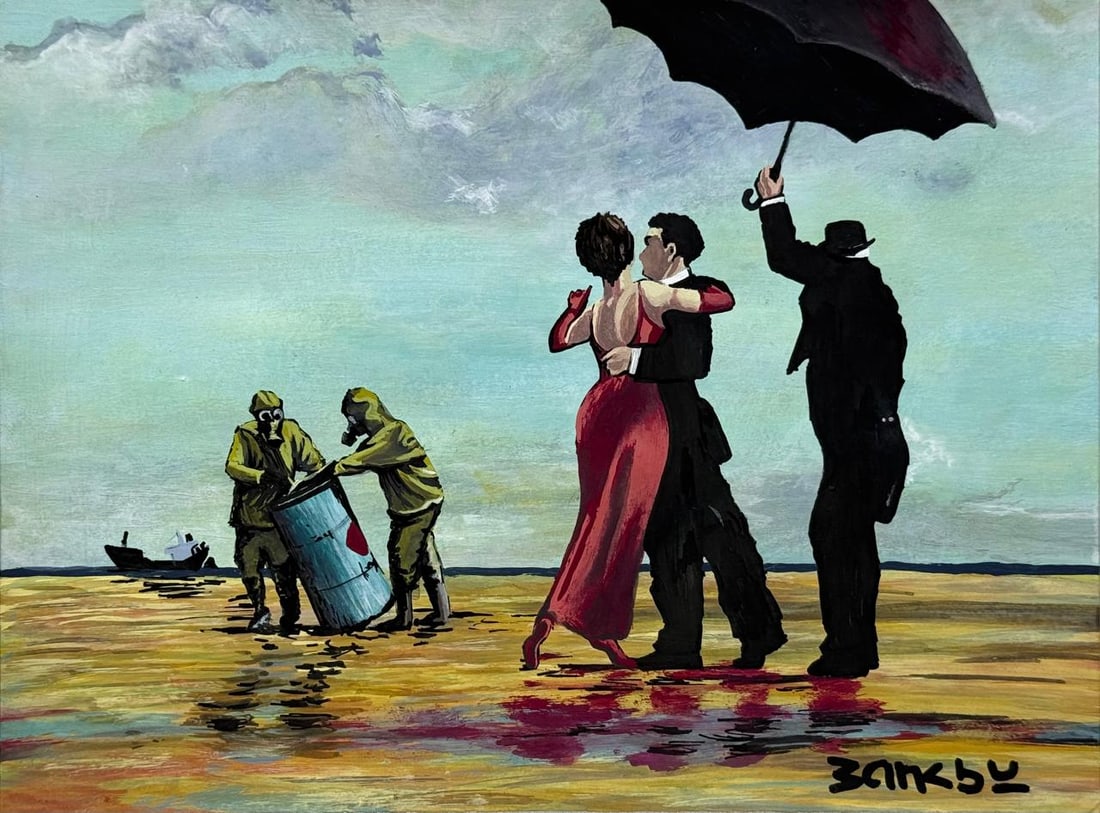 Banksy (Mixed media on Paper Painting) In the style of: Mixed media painting on paper, rendered in the style of Banksy. Measures: 8” x 11” Inches aprox. Provenance: Private Collection."In the style of" means after the artist. Banksy is the pseu