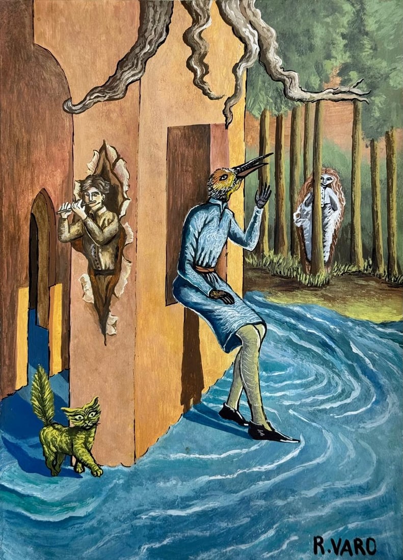 Remedios Varo (Mixed media on Paper Painting) In the style of: Mixed media painting on paper, rendered in the style of Remedios Varo. Measures: 8” x 11” Inches aprox. Provenance: Private Collection. "In the style of" means after the artist. Varo lived