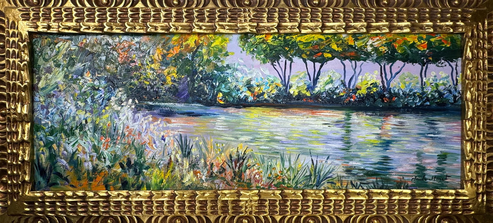 Claude Monet French (Oil on Canvas Painting) in the style of: Rendered in the style of Claude Monet. Technique: Oil on Canvas painting. Measures: 17.5" x 37" Inches aprox. Provenance: Private collection. "In the style of" means after the artist. The artwork is f