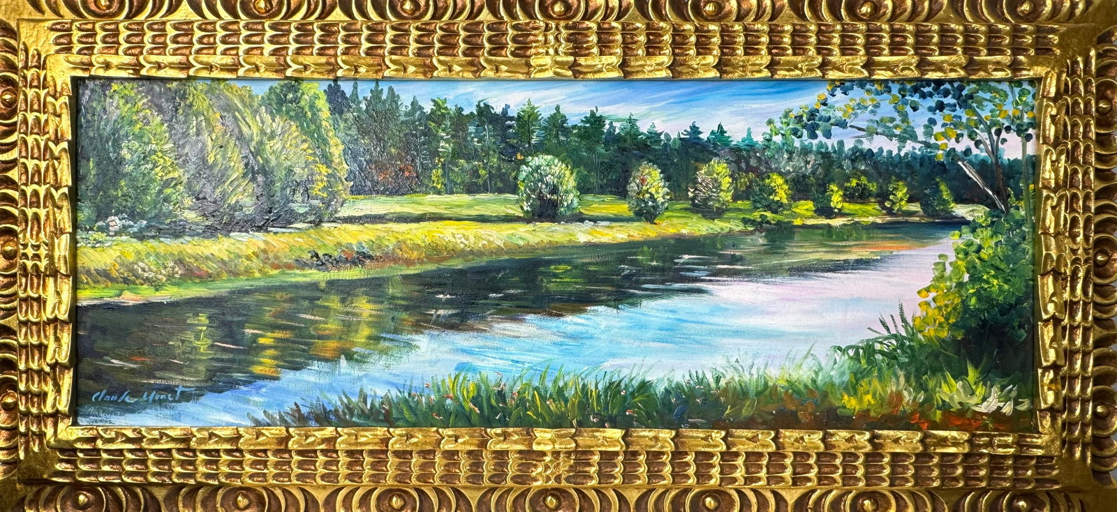 Claude Monet French (Oil on Canvas Painting) in the style of: Rendered in the style of Claude Monet. Technique: Oil on Canvas painting. Measures: 17.5" x 37" Inches aprox. Provenance: Private collection. "In the style of" means after the artist. The artwork is f