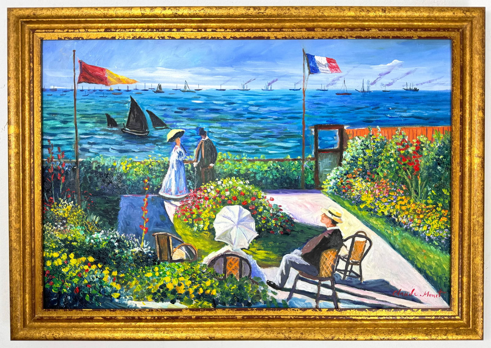 Claude Monet French (Oil on Canvas Painting) in the style of: Rendered in the style of Claude Monet. Technique: Oil on Canvas painting. Measures: 18.5" x 26.5" Inches aprox. Provenance: Private collection. "In the style of" means after the artist. The artwork is