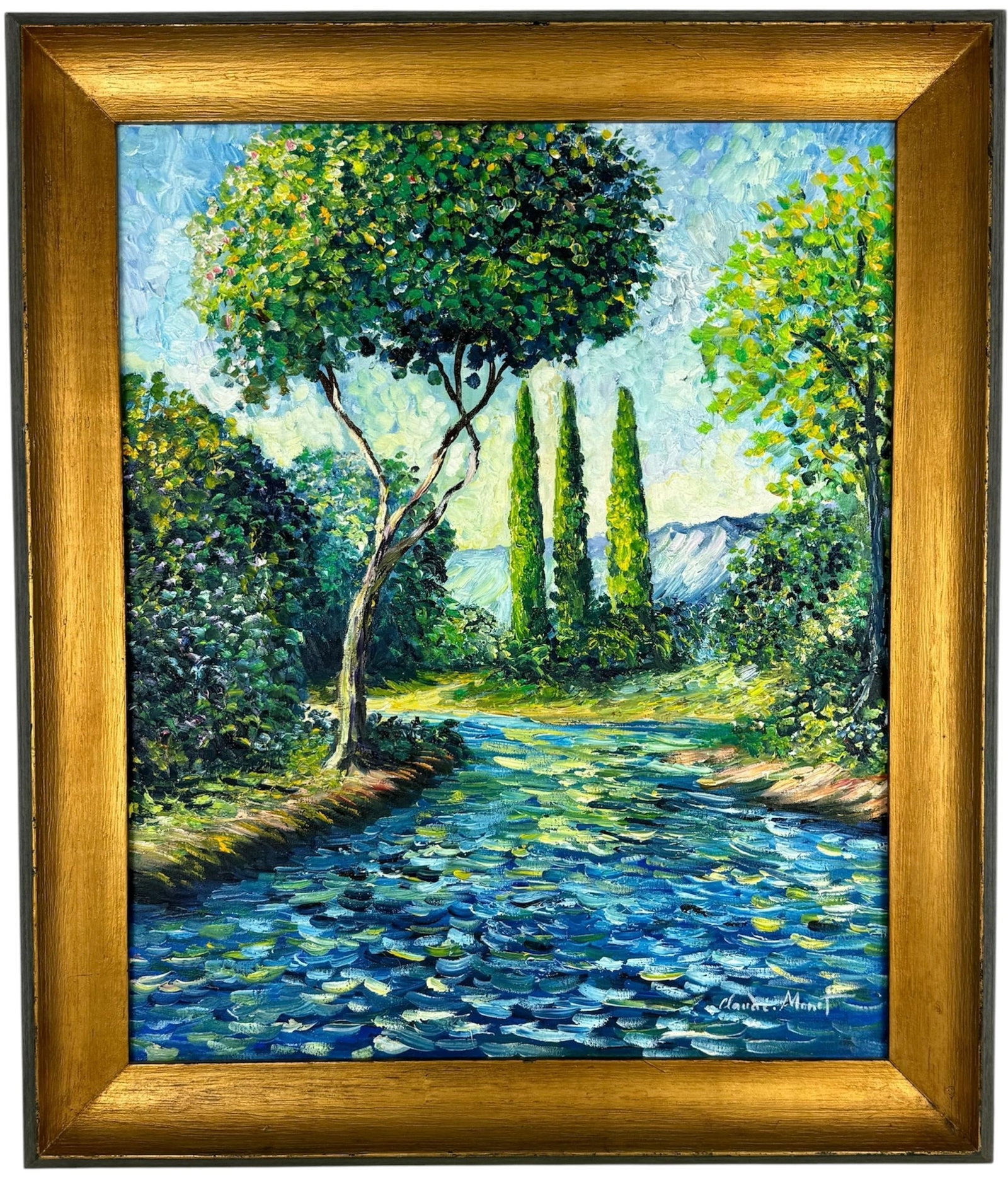 Claude Monet French (Oil on Canvas Painting) in the style of: Rendered in the style of Claude Monet. Technique: Oil on Canvas painting. Measures: 20" x 23.5" Inches aprox. Provenance: Private collection. "In the style of" means after the artist. The artwork is f