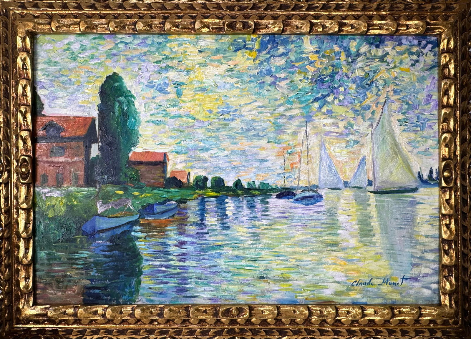 Claude Monet French (Oil on Canvas Painting) in the style of: Rendered in the style of Claude Monet. Technique: Oil on Canvas painting. Measures: 21" x 29" Inches aprox. Provenance: Private collection. "In the style of" means after the artist. The artwork is fra
