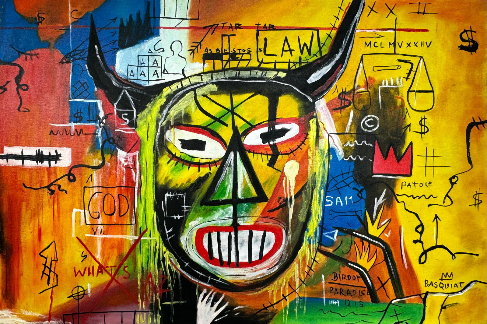 Jean-Michel Basquiat (Oil on Canvas Painting) in the style of: Rendered in the style of Jean-Michel Basquiat. Technique: Oil on Canvas painting. Measures: 15.5 x 23.5 Inches aprox. Provenance: Private collection. "In the style of" means after the artist. Basquiat