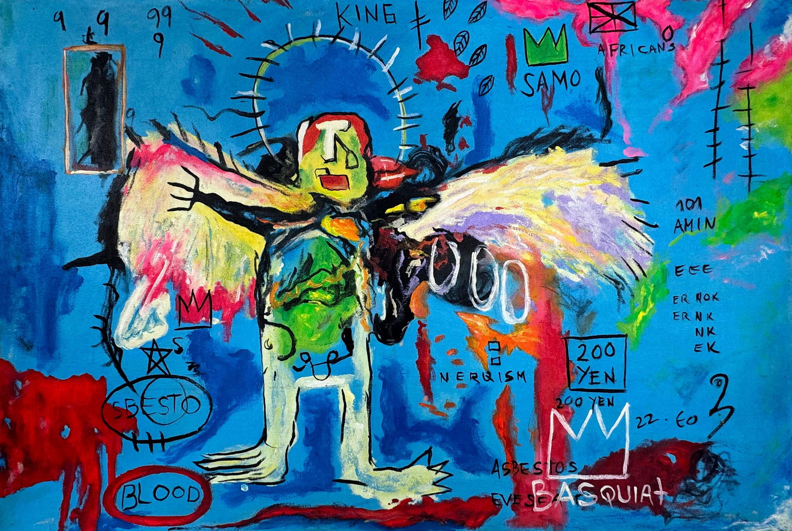 Jean-Michel Basquiat (Oil on Canvas Painting) in the style of: Rendered in the style of Jean-Michel Basquiat. Technique: Oil on Canvas painting. Measures: 15.5 x 23.5 Inches aprox. Provenance: Private collection. "In the style of" means after the artist. Basquiat