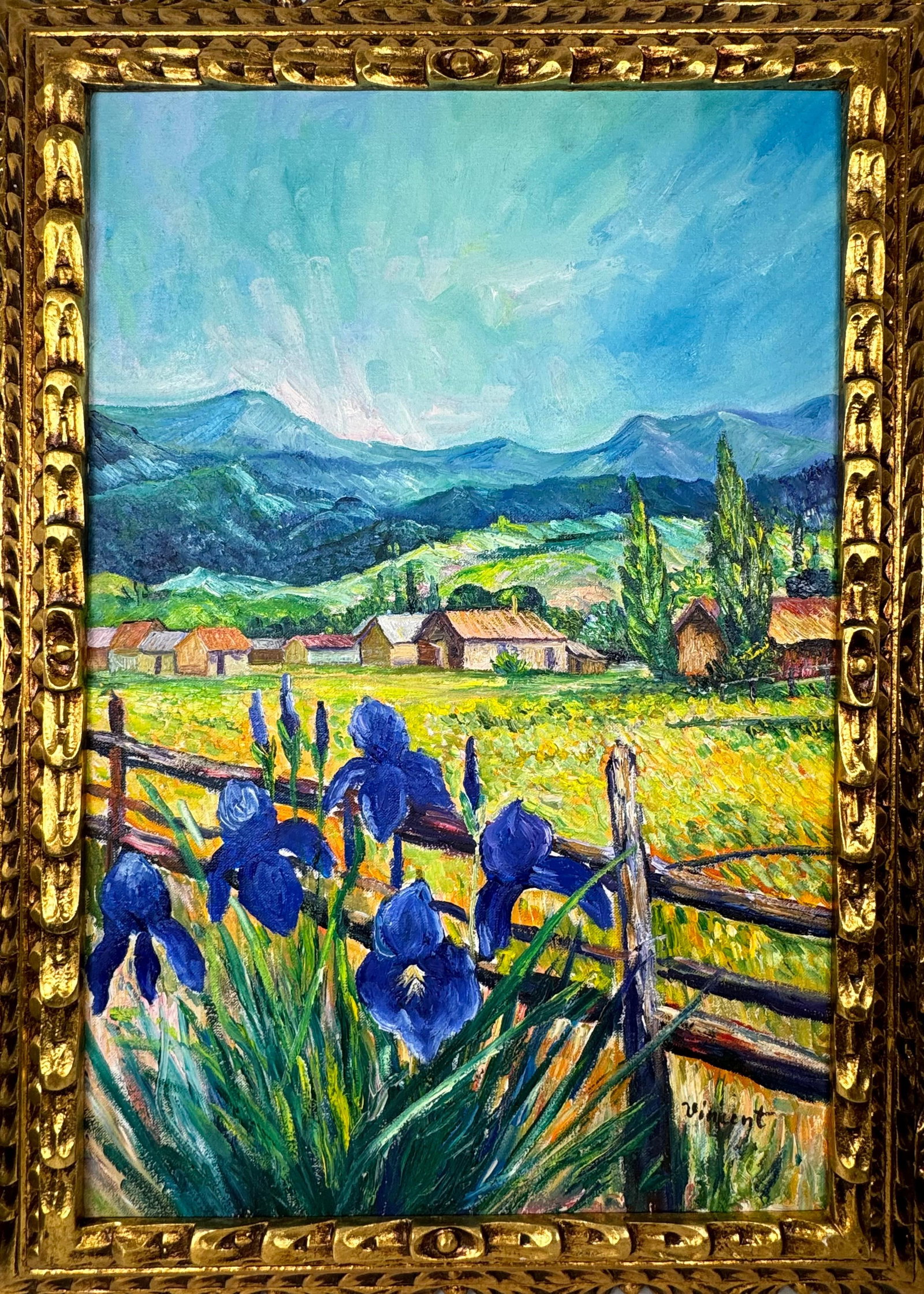 Vincent Van Gogh Dutch (Oil on Canvas Painting) in the style of: Rendered in the style of Vincent Van Gogh. Technique: Oil on Canvas Painting. Measures: 21" x 29" Inches. Provenance:Private Collection. "In the style of" means after the artist. The work is framed. V