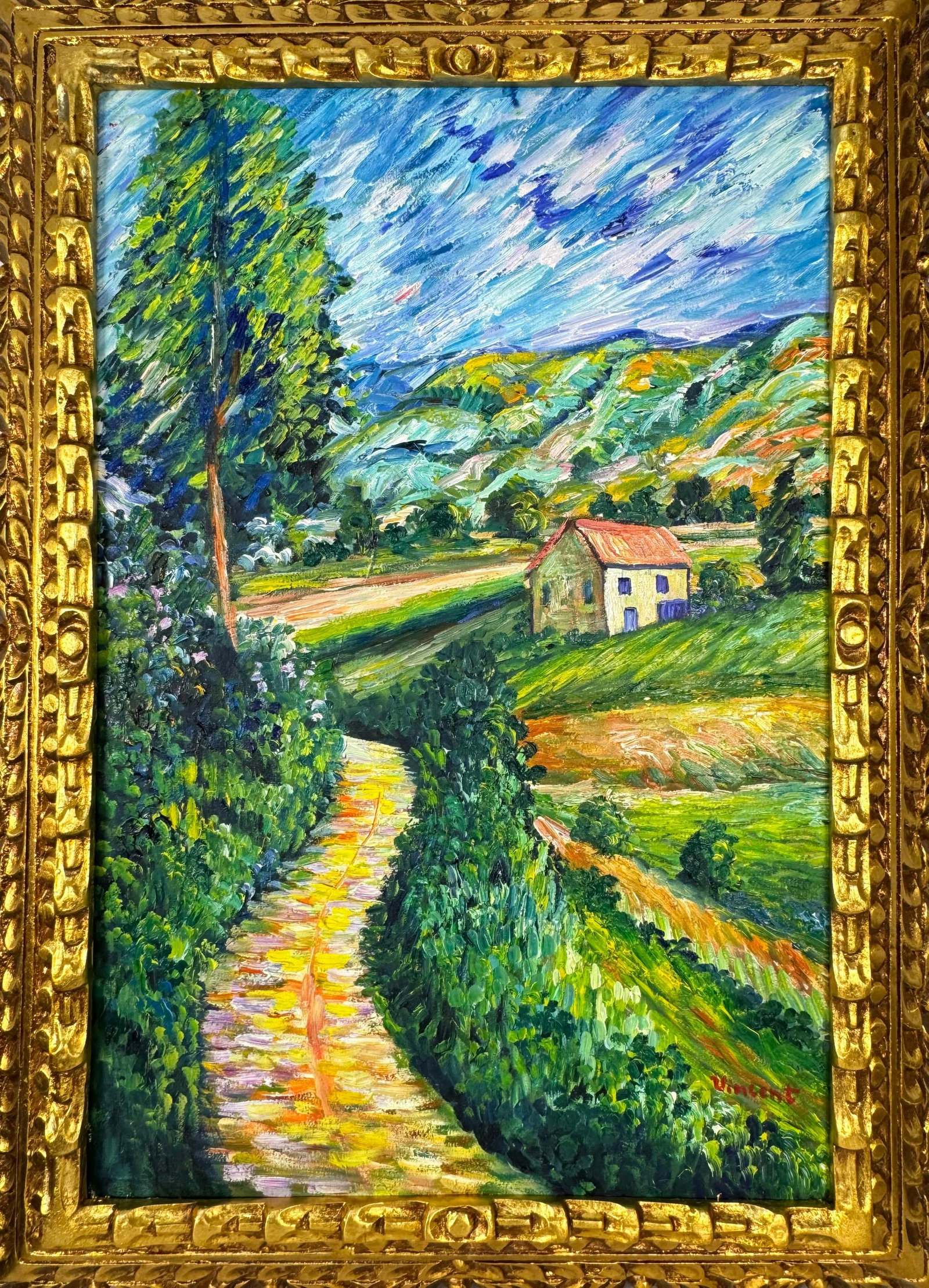 Vincent Van Gogh Dutch (Oil on Canvas Painting) in the style of: Rendered in the style of Vincent Van Gogh. Technique: Oil on Canvas Painting. Measures: 21" x 29" Inches. Provenance:Private Collection. "In the style of" means after the artist. The work is framed. V