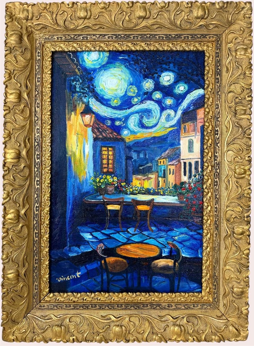 Vincent Van Gogh Dutch (Oil on Canvas Painting) in the style of: Rendered in the style of Vincent Van Gogh. Technique: Oil on Canvas Painting. Measures: 17" x 23.5" Inches. Provenance:Private Collection. "In the style of" means after the artist. The work is framed.
