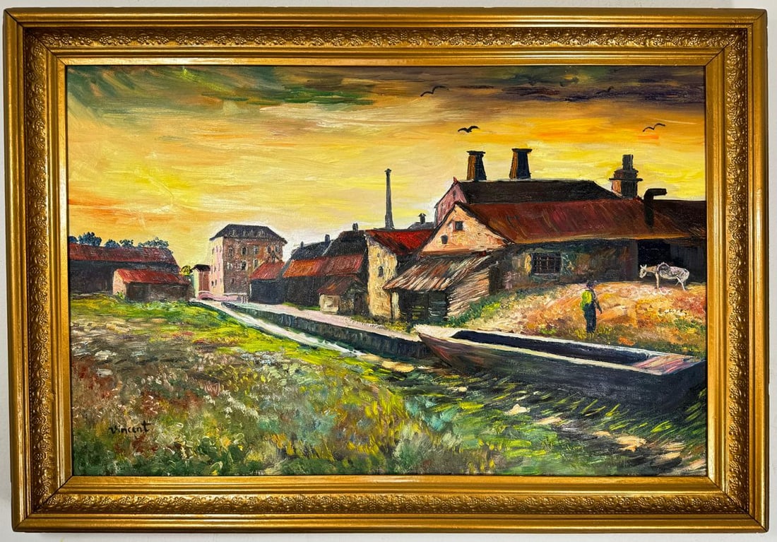 Vincent Van Gogh Dutch (Oil on Canvas Painting) in the style of: Rendered in the style of Vincent Van Gogh. Technique: Oil on Canvas Painting. Measures: 20" x 29" Inches. Provenance:Private Collection. "In the style of" means after the artist. The work is framed. V