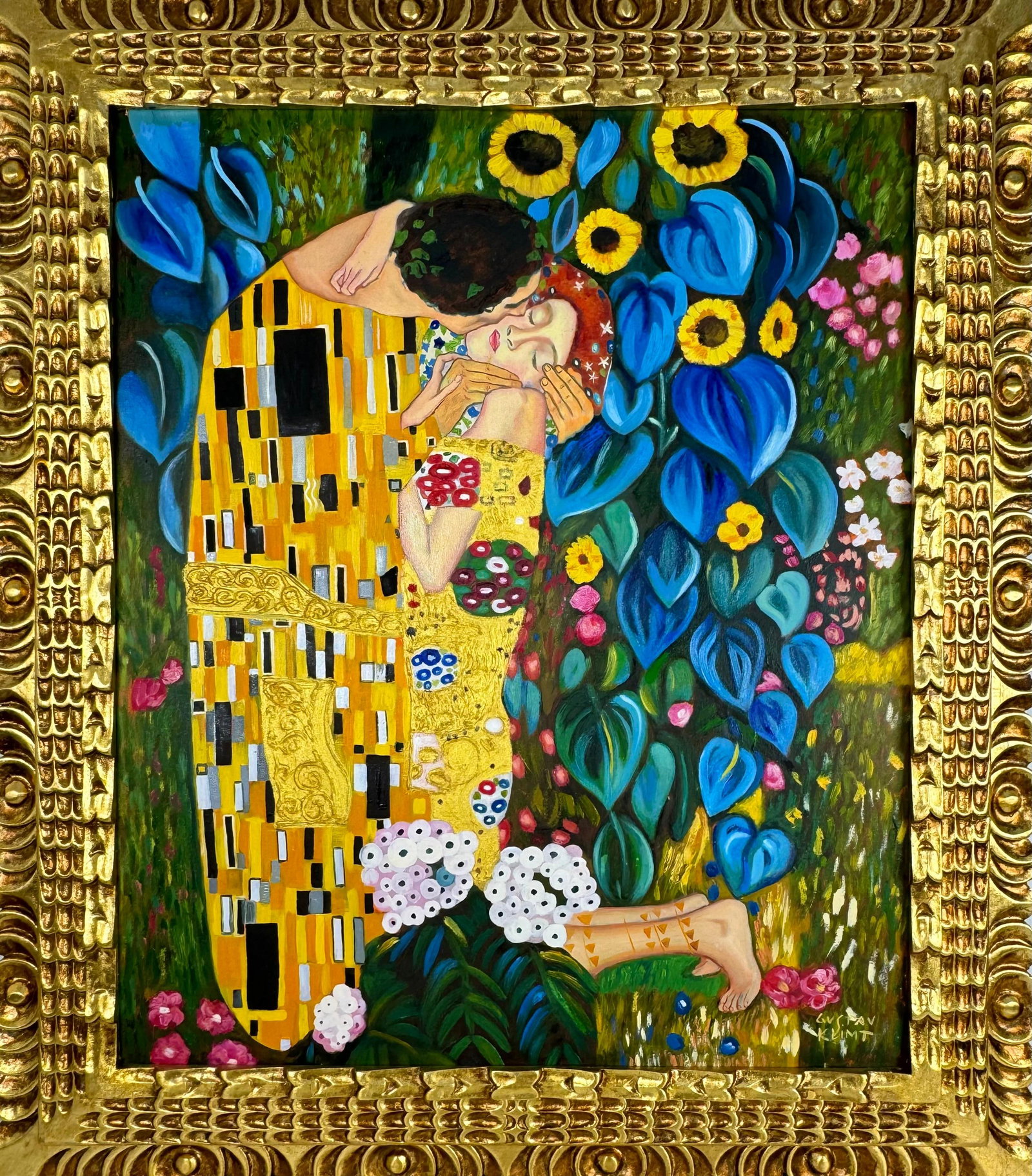 Gustav Klimt Austrian (Oil on Canvas Painting) in the style of: Rendered in the style of Gustav Klimt. Technique: Oil on Canvas painting. Measures: 26 x 30 Inches aprox. Provenance: Private collection. "In the style of" means after the artist. The artwork is frame