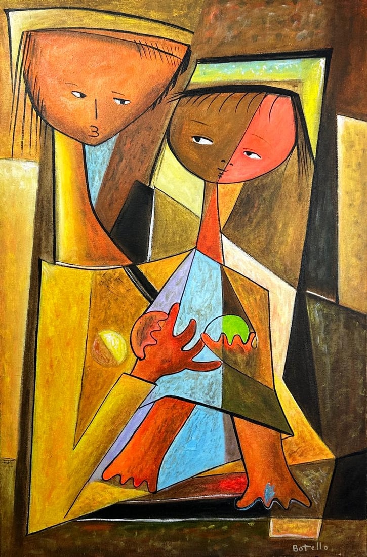 Angel Botello (Oil on Canvas Painting) in the style of: Rendered in the style of Angel Botello. Technique: Oil on Canvas painting. Measures: 15.5" x 23.5" Inches aprox. Provenance: Private collection. "In the style of" means after the artist. Botello lived