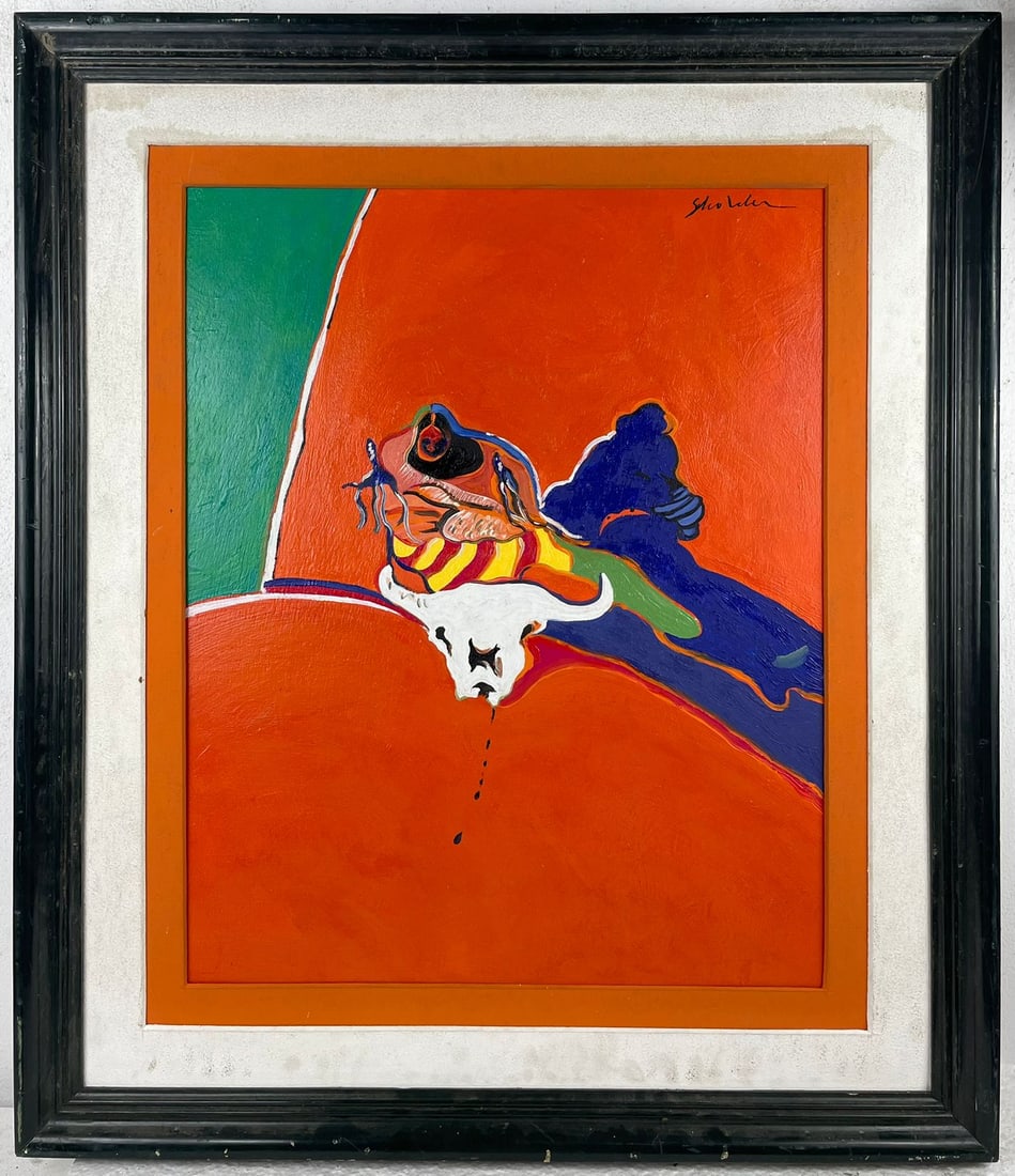 Fritz Scholder (Acrylic on Wood Painting) in the style of: Rendered in the style of Fritz Scholder. Technique: Acrylic on Wood Painting. Measures: 28.5" x 33" Inches. Provenance:Private Collection. "In the style of" means after the artist. The work is framed.