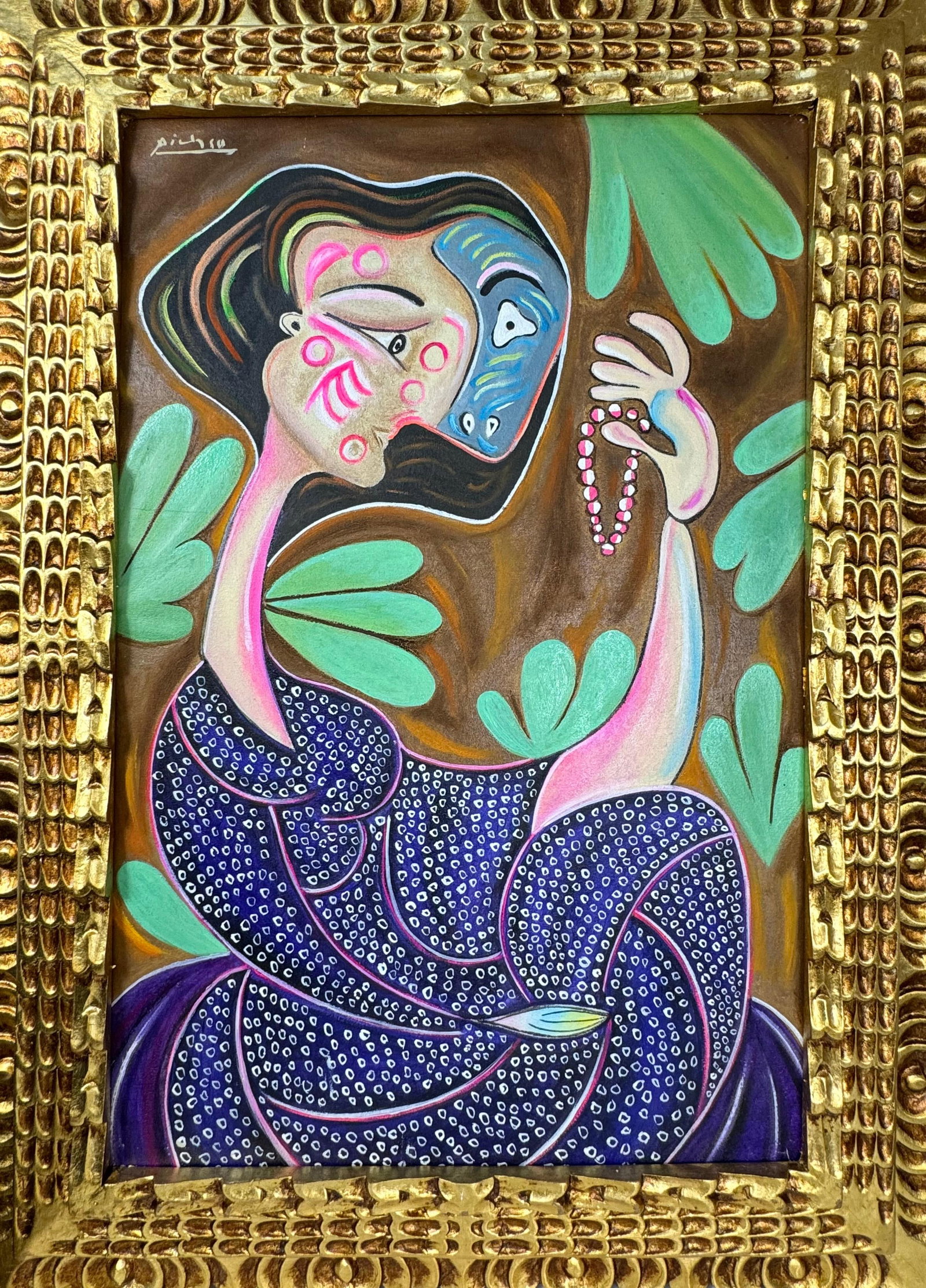 Pablo Picasso Spanish (Oil on Canvas Painting) In the style of: Rendered in the style of Pablo Picasso. Technique: Oil on Canvas painting. Measures: 21" x 29" Inches aprox. Provenance: Private collection."In the style of" means after the artist. The artwork is fra