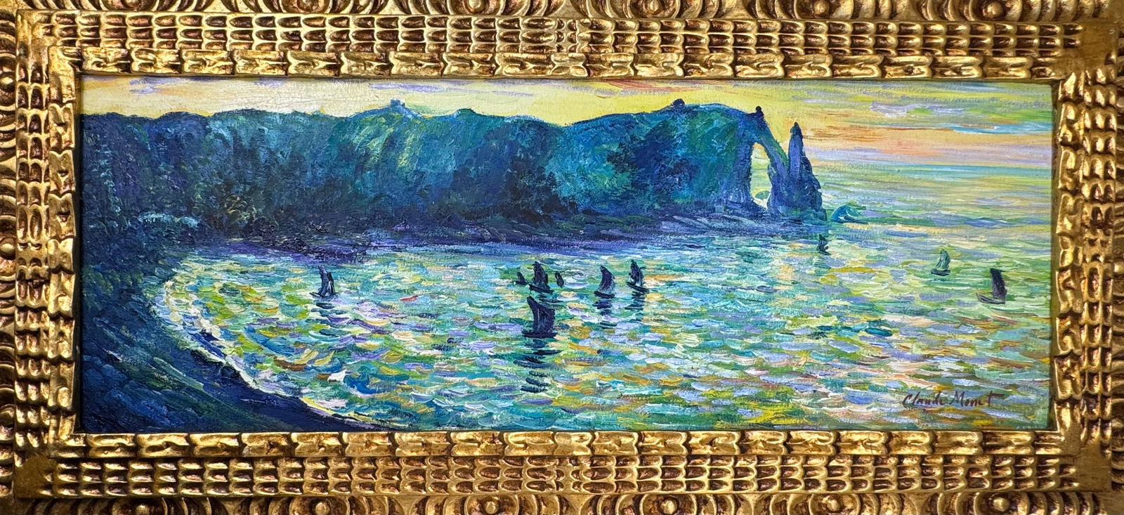 Claude Monet French (Oil on Canvas Painting) in the style of: Rendered in the style of Claude Monet. Technique: Oil on Canvas painting. Measures: 17.5" x 37" Inches aprox. Provenance: Private collection. "In the style of" means after the artist. The artwork is f