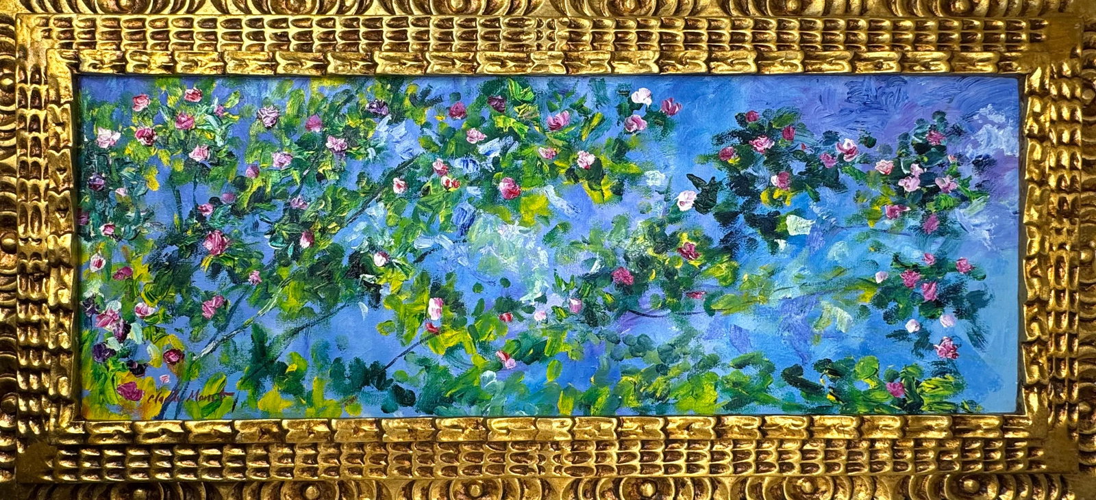Claude Monet French (Oil on Canvas Painting) in the style of: Rendered in the style of Claude Monet. Technique: Oil on Canvas painting. Measures: 17.5" x 37" Inches aprox. Provenance: Private collection. "In the style of" means after the artist. The artwork is f