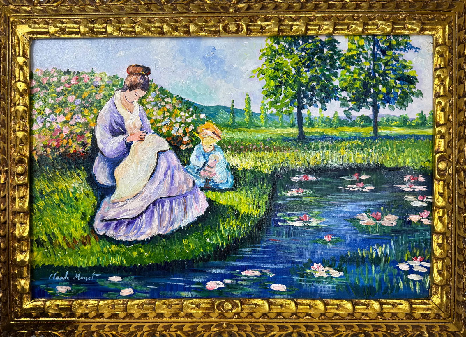 Claude Monet French (Oil on Canvas Painting) in the style of: Rendered in the style of Claude Monet. Technique: Oil on Canvas painting. Measures: 21" x 29" Inches aprox. Provenance: Private collection. "In the style of" means after the artist. The artwork is fra