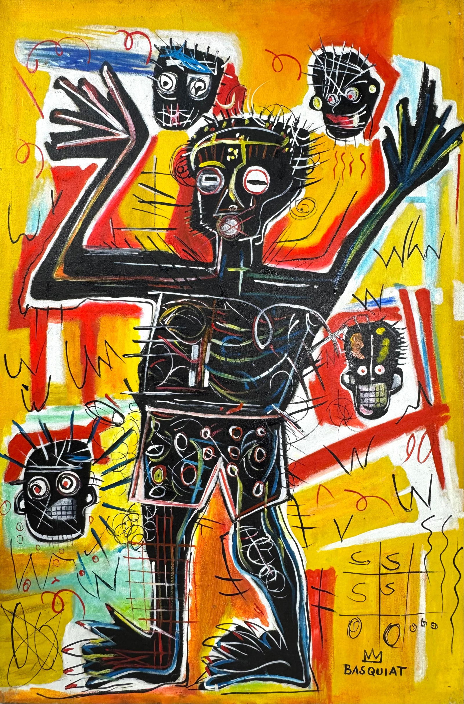 Jean-Michel Basquiat (Oil on Canvas Painting) in the style of: Rendered in the style of Jean-Michel Basquiat. Technique: Oil on Canvas painting. Measures: 15.5 x 23.5 Inches aprox. Provenance: Private collection. "In the style of" means after the artist. Basquiat