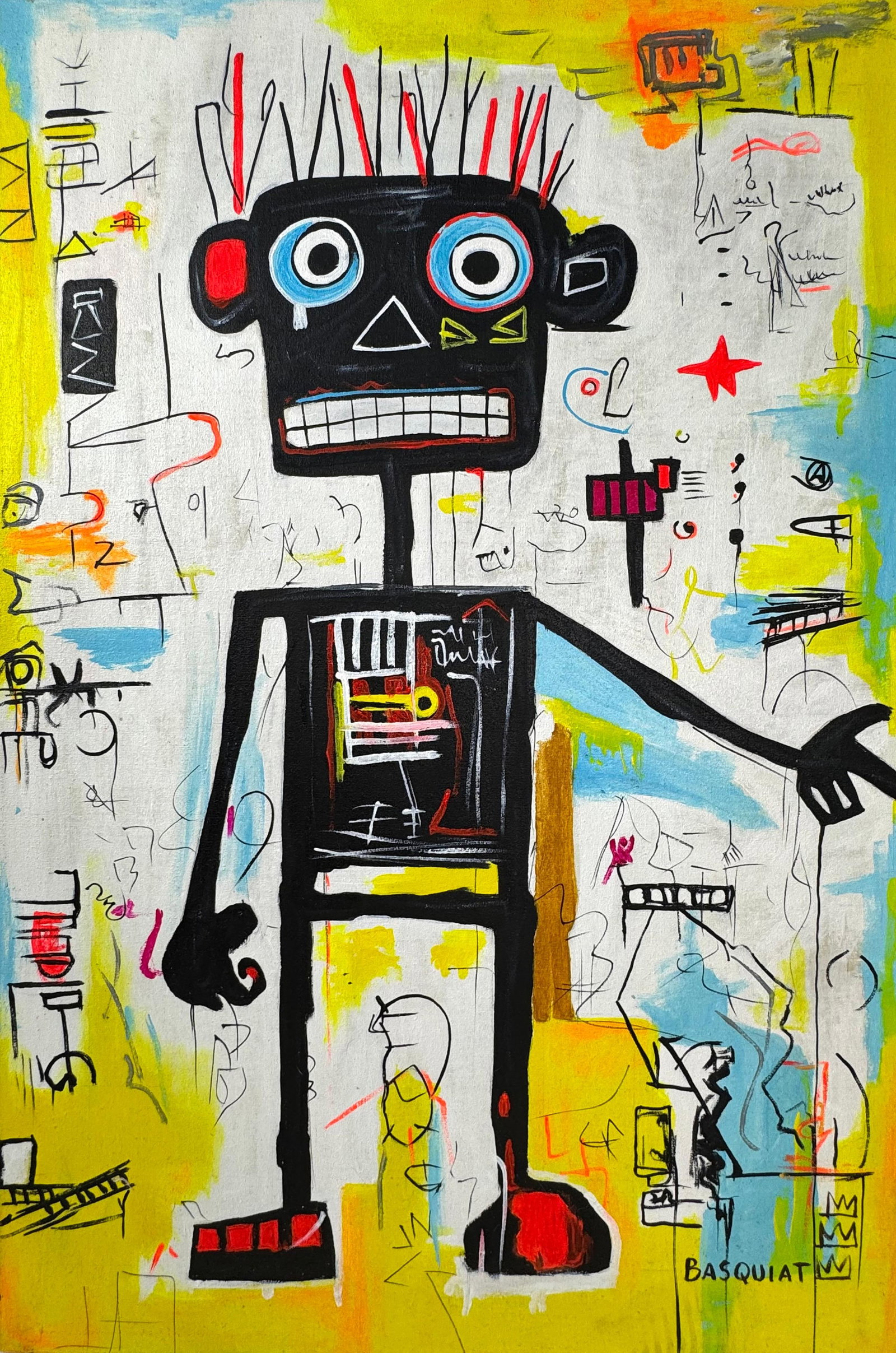 Jean-Michel Basquiat (Oil on Canvas Painting) in the style of: Rendered in the style of Jean-Michel Basquiat. Technique: Oil on Canvas painting. Measures: 15.5 x 23.5 Inches aprox. Provenance: Private collection. "In the style of" means after the artist. Basquiat