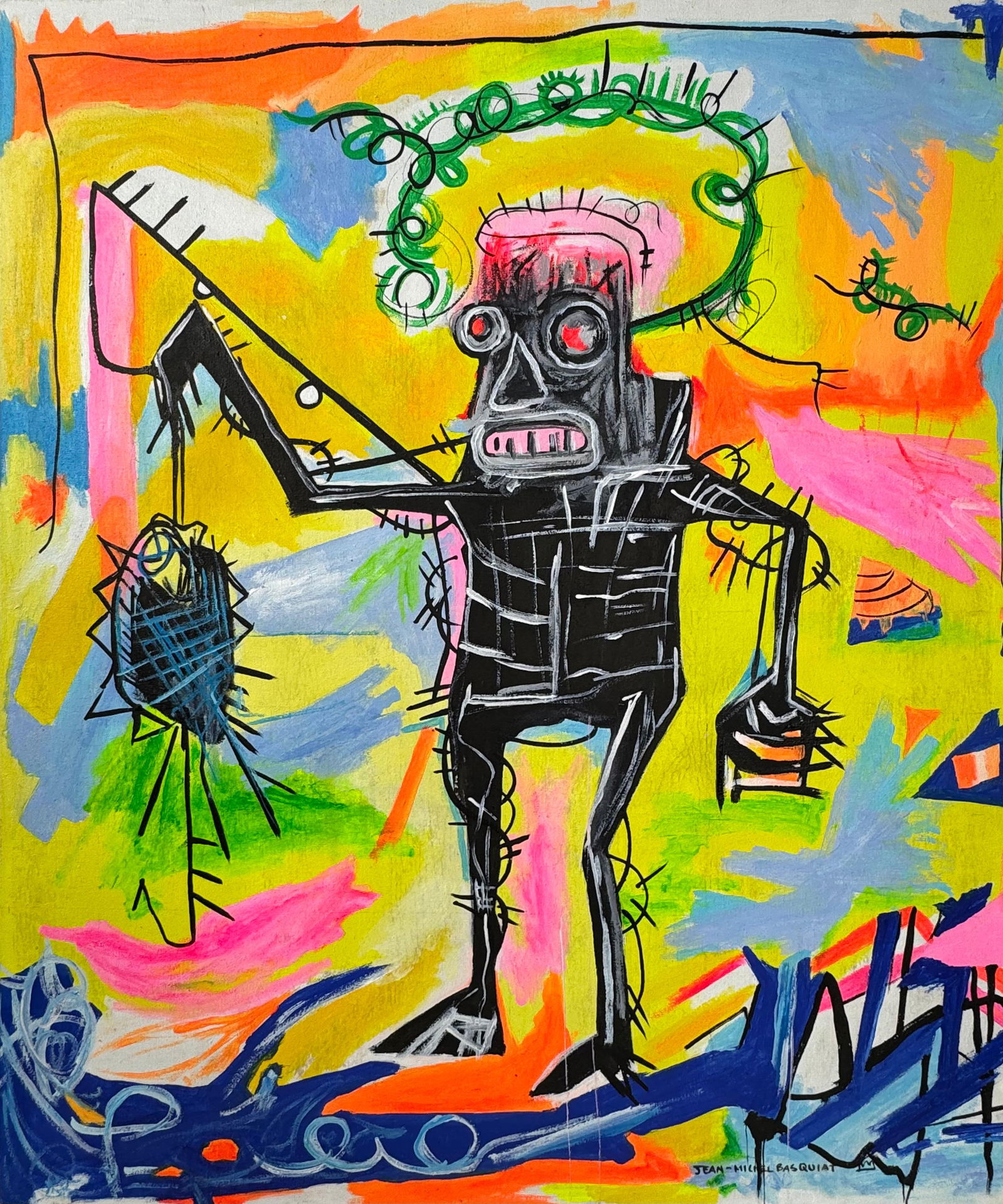 Jean-Michel Basquiat (Oil on Canvas Painting) in the style of: Rendered in the style of Jean-Michel Basquiat. Technique: Oil on Canvas painting. Measures: 19.5 x 23.5 Inches aprox. Provenance: Private collection. "In the style of" means after the artist. Basquiat