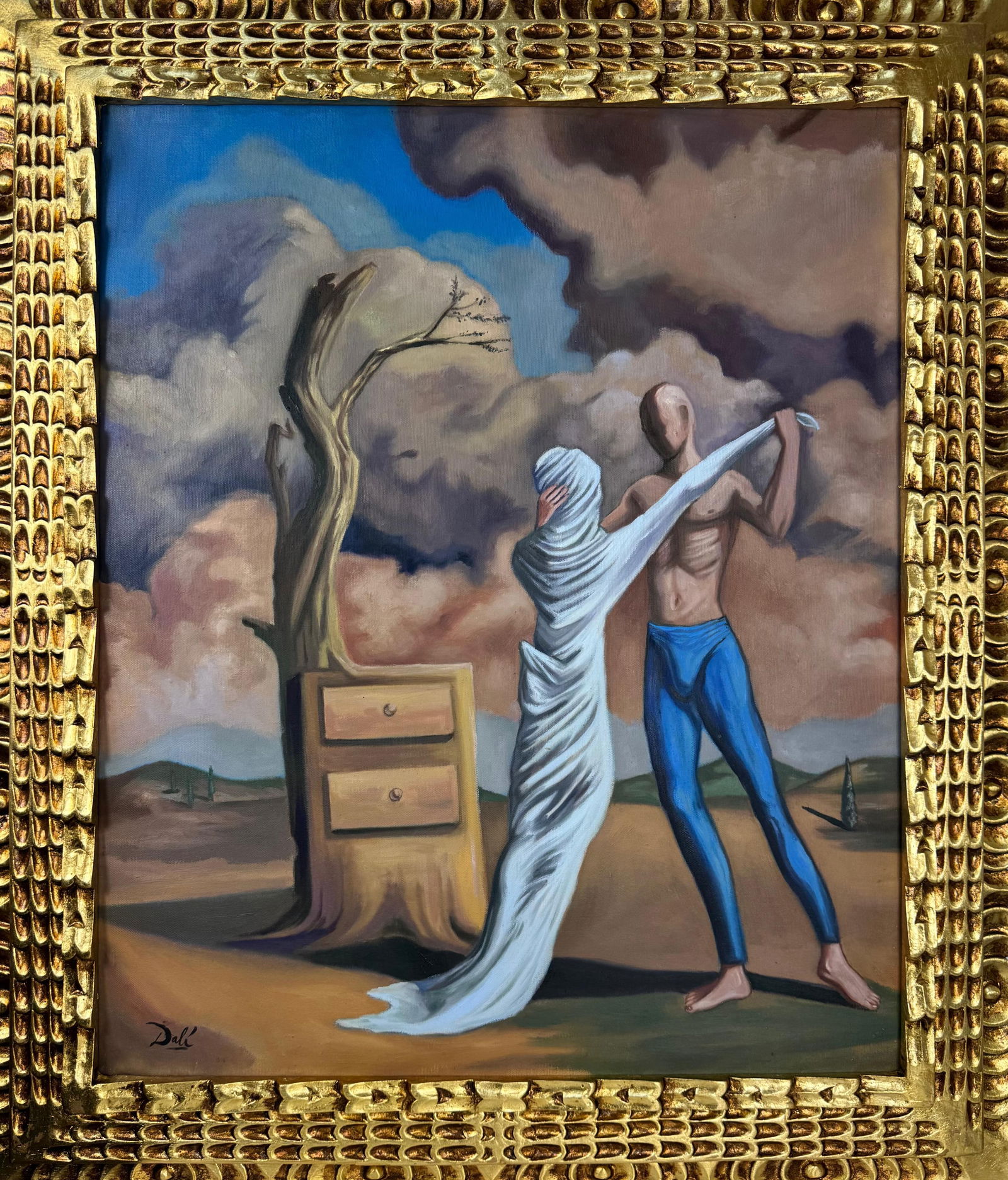 Salvador Dali Spanish (Oil on Canvas Painting) in the style of: Rendered in the style of Salvador Dali. Technique: Oil on Canvas painting. Measures: 25 x 29 Inches aprox. Provenance: Private collection. "In the style of" means after the artist. The artwork is fram