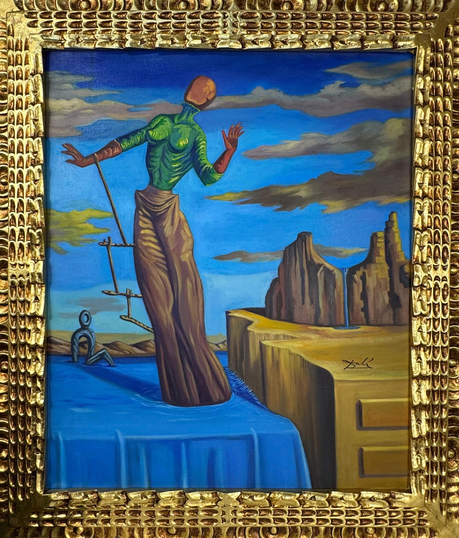 Salvador Dali Spanish (Oil on Canvas Painting) in the style of: Rendered in the style of Salvador Dali. Technique: Oil on Canvas painting. Measures: 25 x 29 Inches aprox. Provenance: Private collection. "In the style of" means after the artist. The artwork is fram