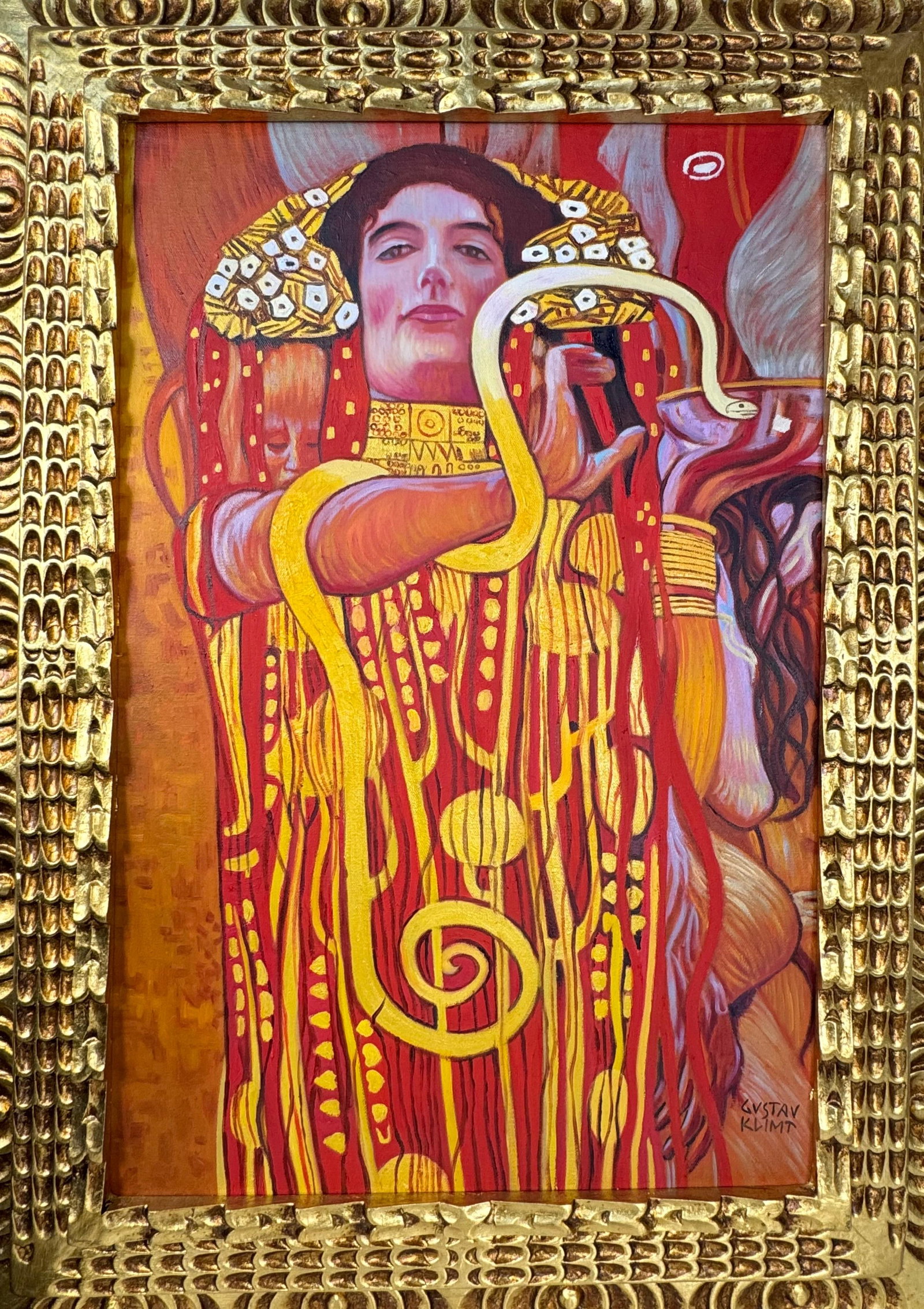 Gustav Klimt Austrian (Oil on Canvas Painting) in the style of: Rendered in the style of Gustav Klimt. Technique: Oil on Canvas painting. Measures: 21 x 29 Inches aprox. Provenance: Private collection. "In the style of" means after the artist. The artwork is frame