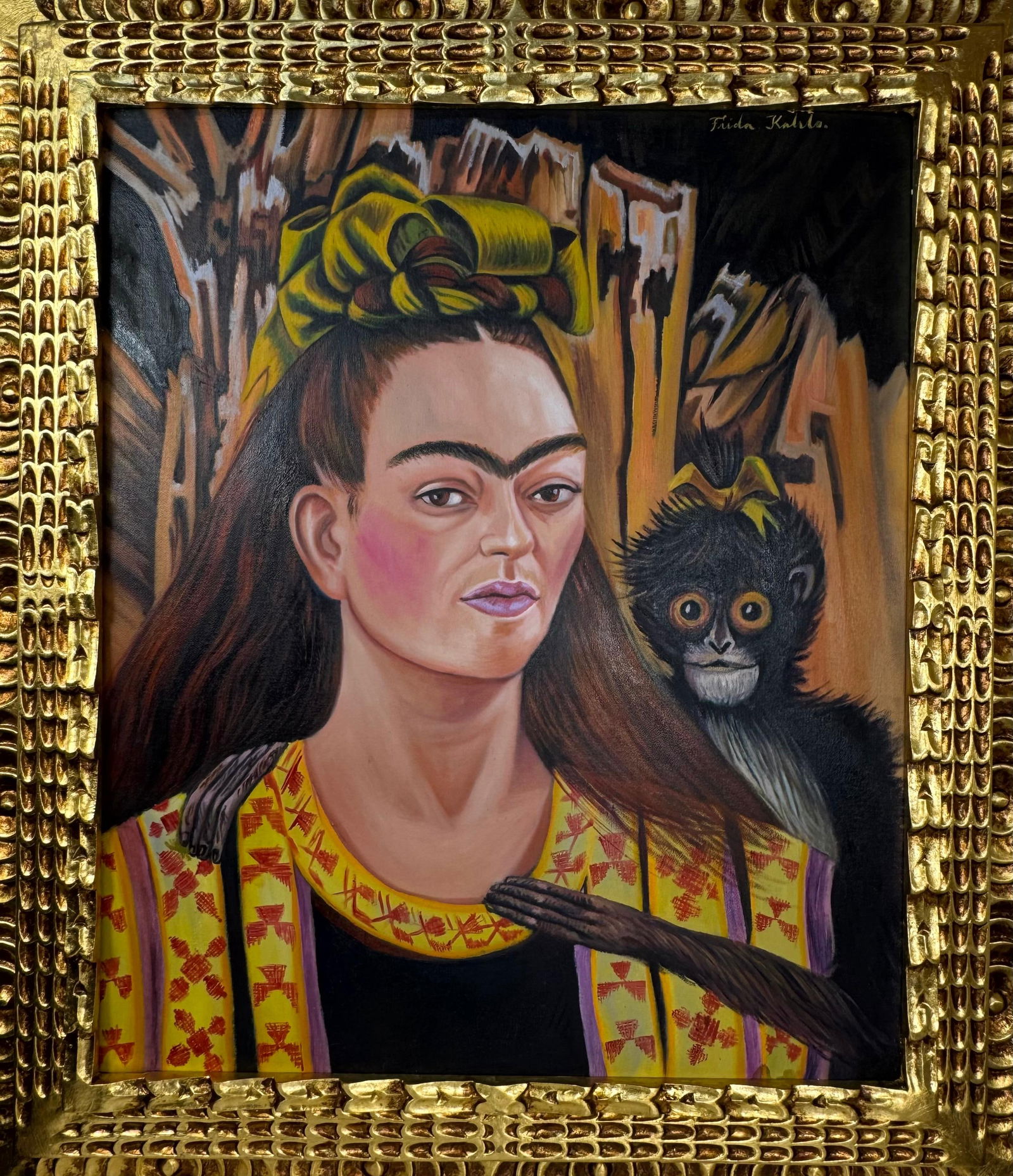 Frida Kahlo Mexican (Oil on Canvas Painting) in the style of: Rendered in the style of Frida Kahlo. Technique: Oil on Canvas painting. Measures: 25 x 29 Inches aprox. Provenance: Private collection. "In the style of" means after the artist. The artwork is framed