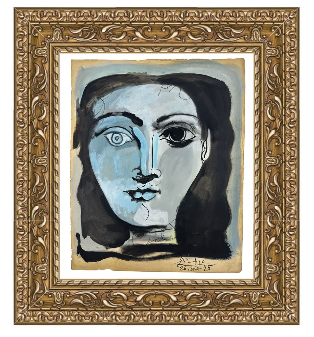 Pablo Picasso Spanish (Gouache and ink on Paper) In the style of: Gouache and ink on Paper, rendered in the style of Pablo Picasso. Measures: 10.5” x 13” Inches aprox. Provenance: Private Collection."In the style of" means after the artist. Picasso lived