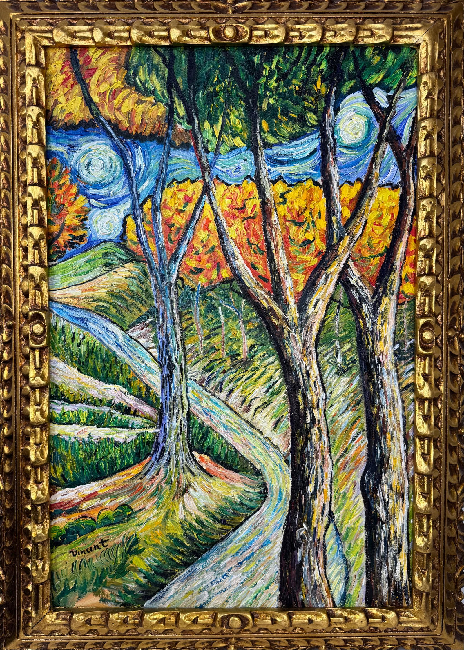 Vincent Van Gogh Dutch (Oil on Canvas Painting) in the style of: Rendered in the style of Vincent Van Gogh. Technique: Oil on Canvas Painting. Measures: 21" x 29" Inches. Provenance:Private Collection. "In the style of" means after the artist. The work is framed. V