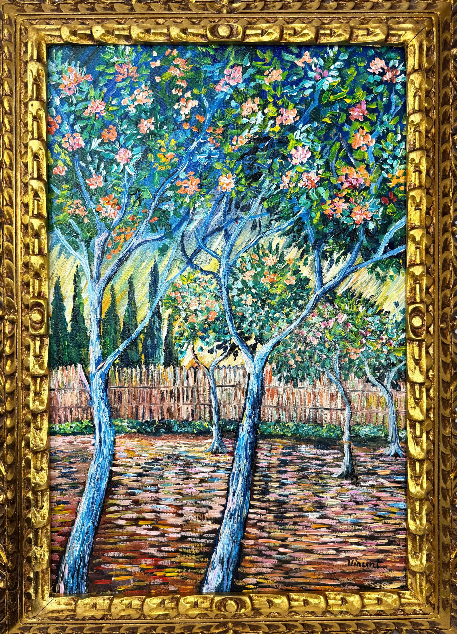 Vincent Van Gogh Dutch (Oil on Canvas Painting) in the style of: Rendered in the style of Vincent Van Gogh. Technique: Oil on Canvas Painting. Measures: 21" x 29" Inches. Provenance:Private Collection. "In the style of" means after the artist. The work is framed. V