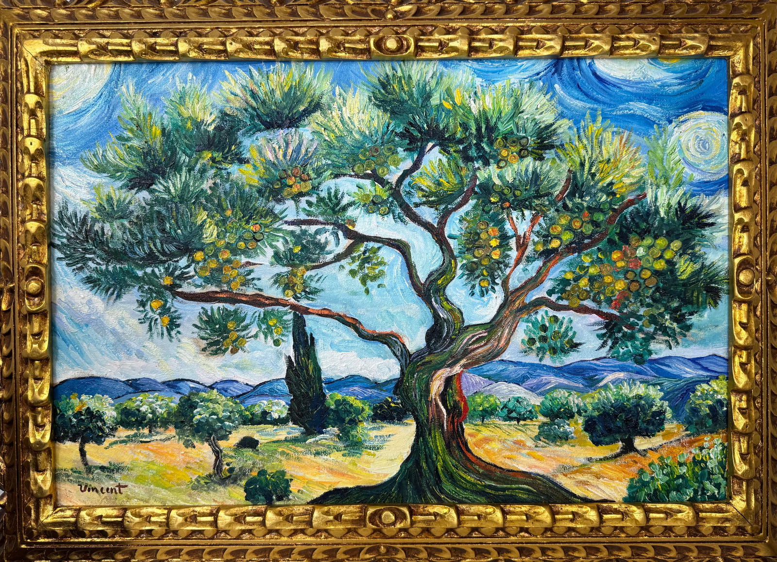 Vincent Van Gogh Dutch (Oil on Canvas Painting) in the style of: Rendered in the style of Vincent Van Gogh. Technique: Oil on Canvas Painting. Measures: 21" x 29" Inches. Provenance:Private Collection. "In the style of" means after the artist. The work is framed. V